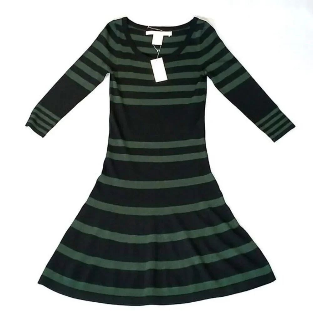 Max Studio Womens Sweater Dress Black Green Knit Stretch 3/4 Sleeve Size XS NEW